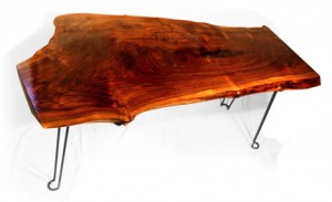raw wood coffee table with square bar hairpin legs
