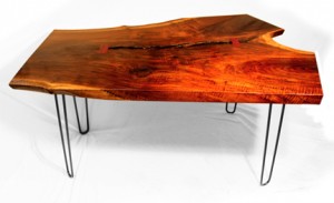 raw wood coffee table with footed hairpin legs