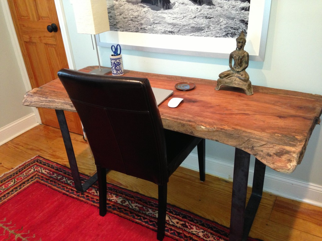 live edge wood desk with custom steel desk supports