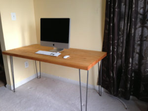 butcher block style desk with hairpin legs