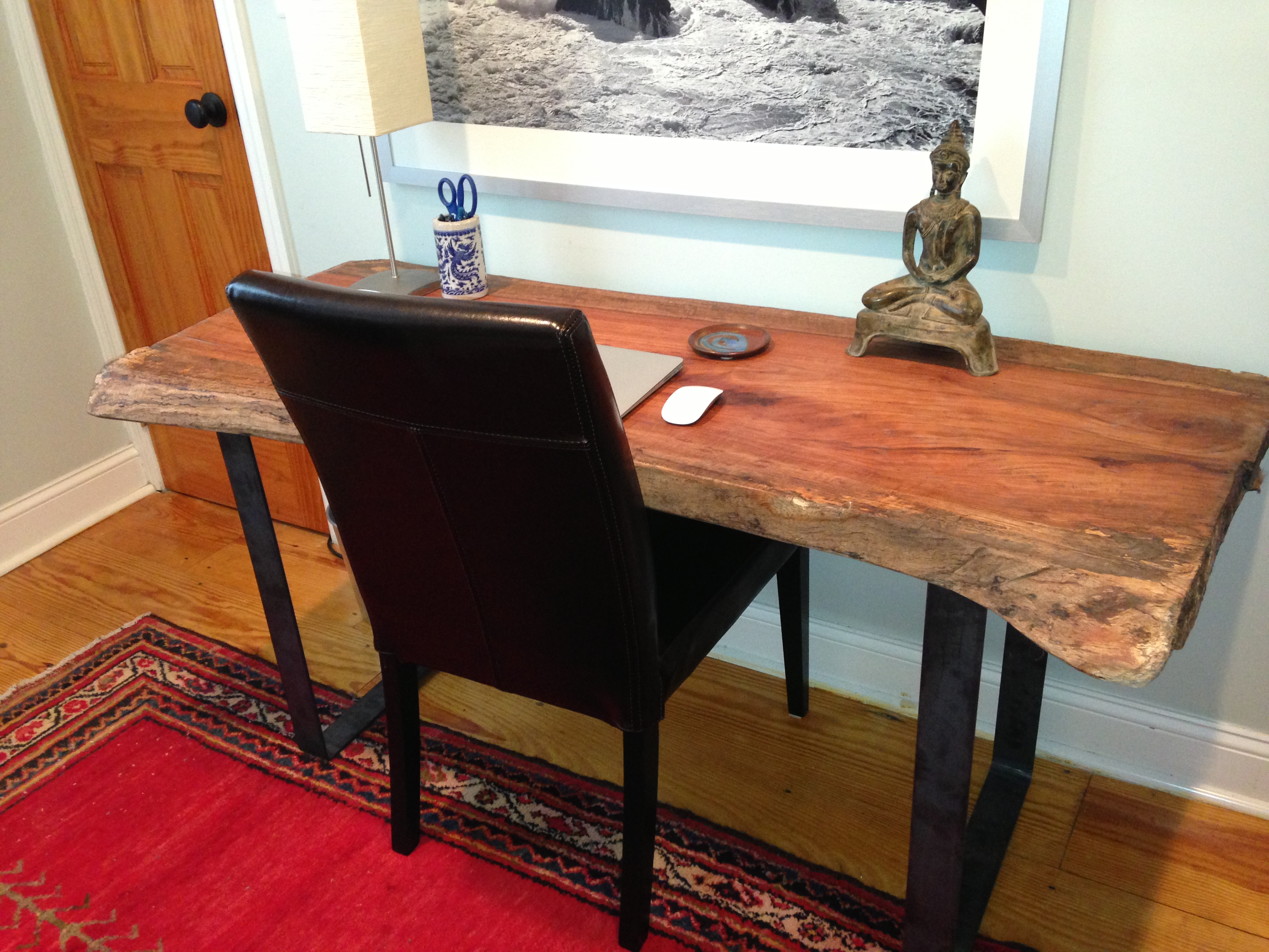 live edge desk with flat bar bench legs