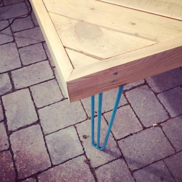 patio table with painted hairpin legs