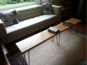 long coffee table with six hairpin legs