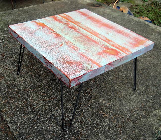 distressed tabletop with hairpin legs