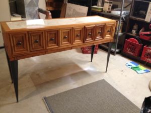 marble top entryway table with tapered angle iron legs