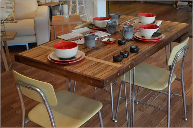 modern wood table with 3 rod hairpin legs