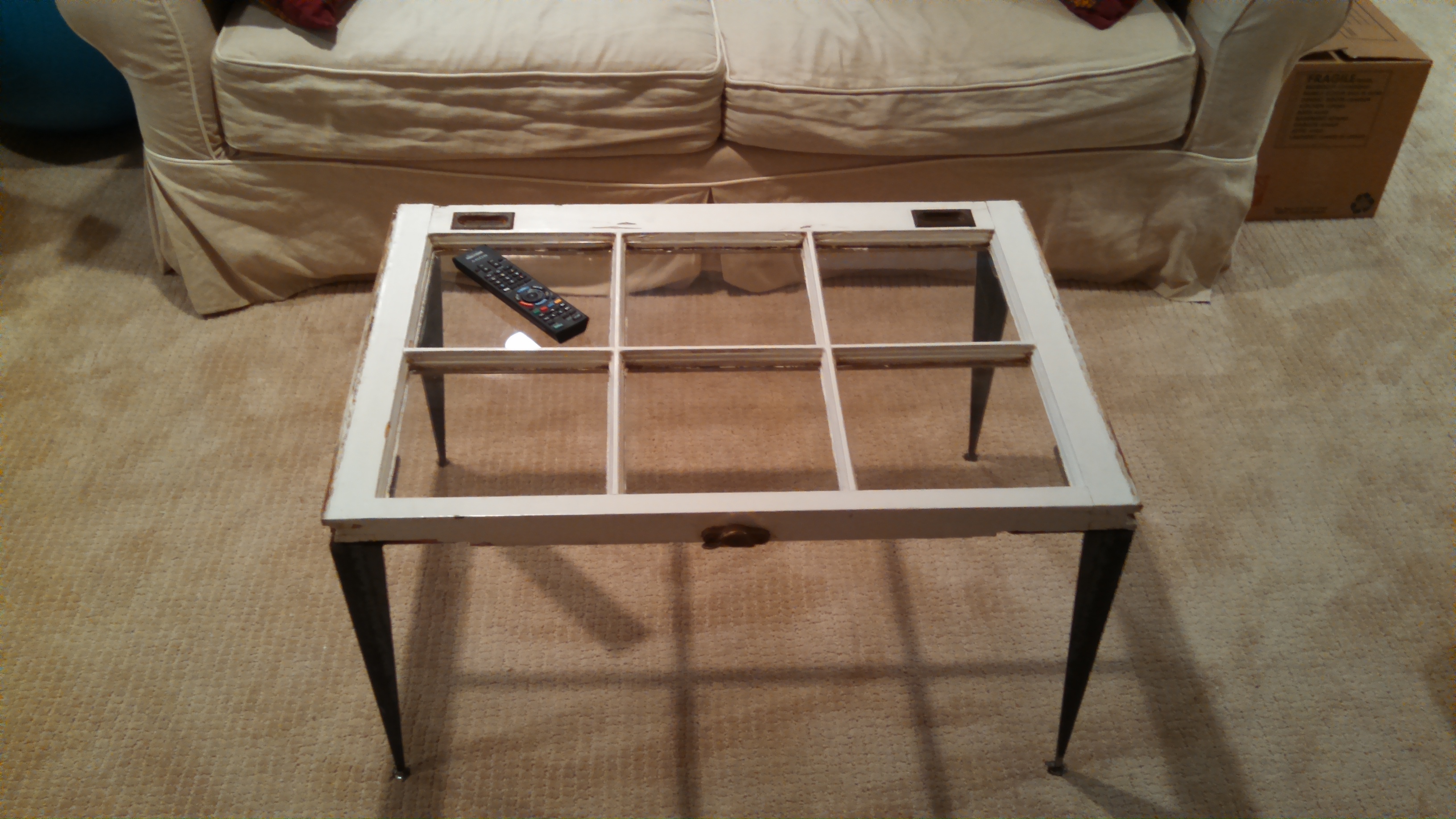 window frame table with tapered angle iron legs
