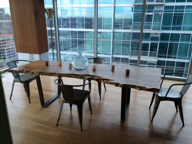 live edge conference table with metal bench legs