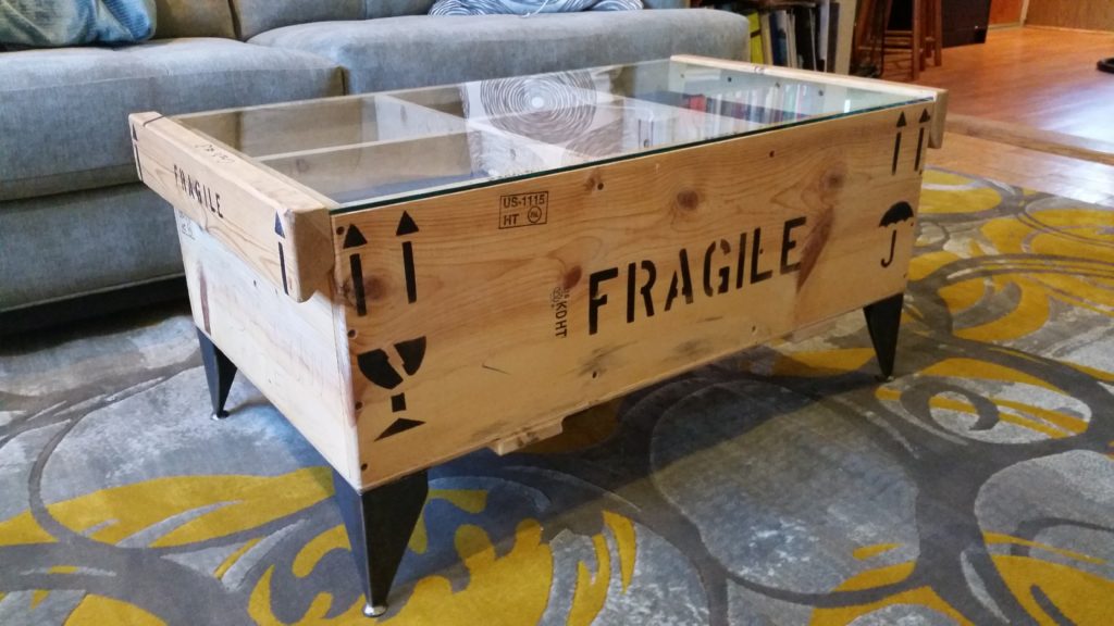 museum crate coffee table with metal angle iron legs