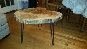 maple slab table with dark finish hairpin legs