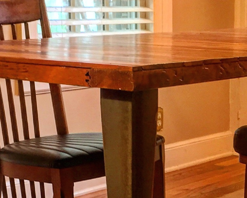 repurposed table closeup with angle iron legs