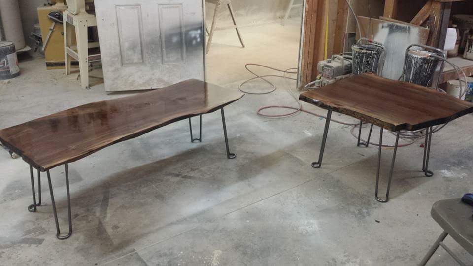 walnut slab tables with just the tip hairpin legs