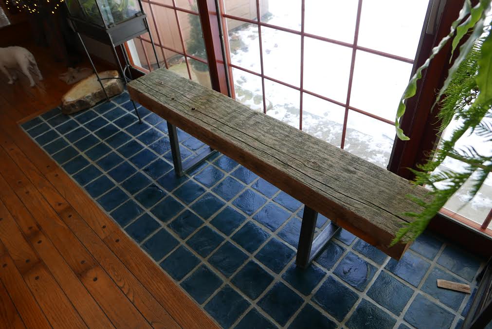 cedar slab bench with metal bench legs