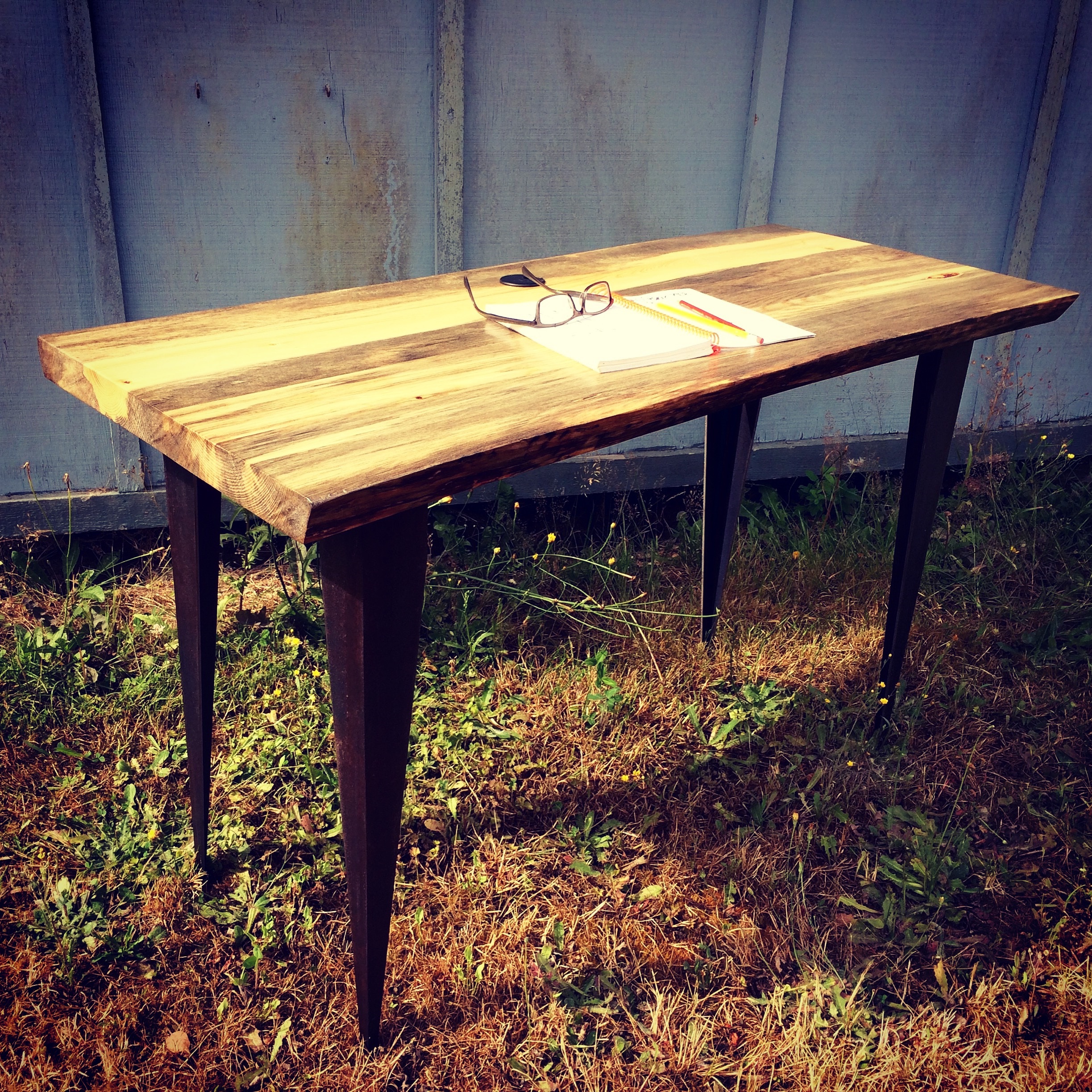 beetle killed pine slab desk on modern angle iron legs