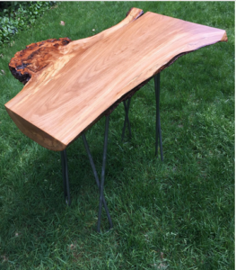 burl side table with twisted hairpin legs