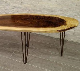 walnut table with 3 rod hairpin legs closeup